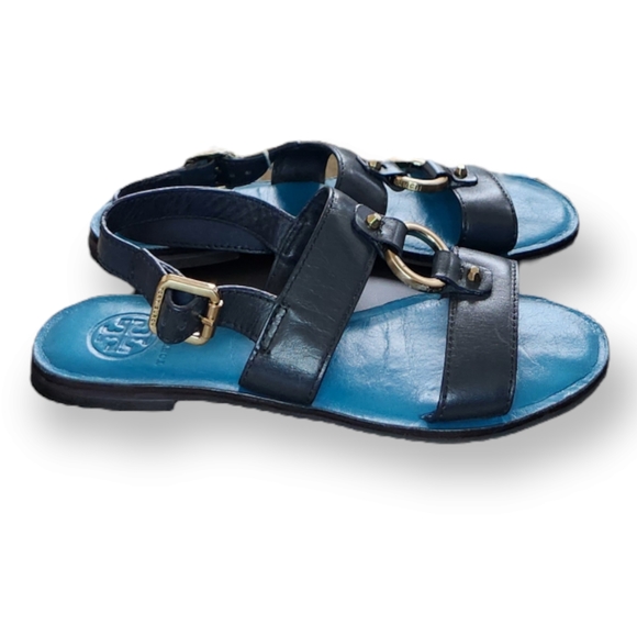 Tory Burch Sandals Leather Ring Shoes Navy Blue 7- 7.5 EUC - Picture 4 of 9